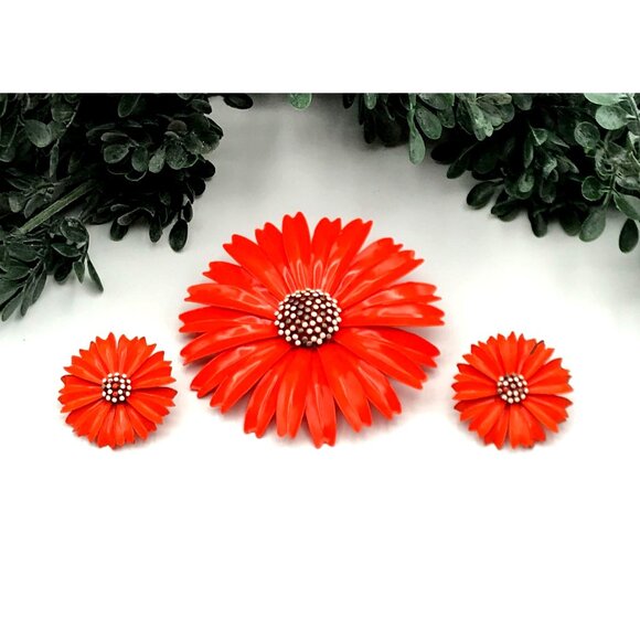 Vintage Flower Brooch & Earrings Set Orange Enamel Daisy Design 1960s Costume Je - Picture 9 of 9